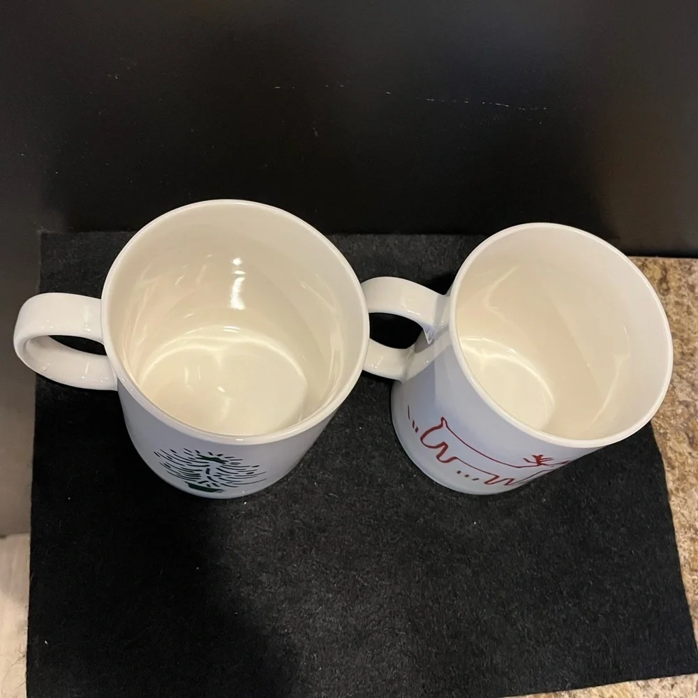 Crate&Barrel Christmas Tree and Reindeer Holiday Mug Set by Trish Richman 16 oz.